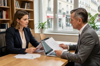 Femme consultant un expert en portage salarial dans un bureau professionnel à Montauban