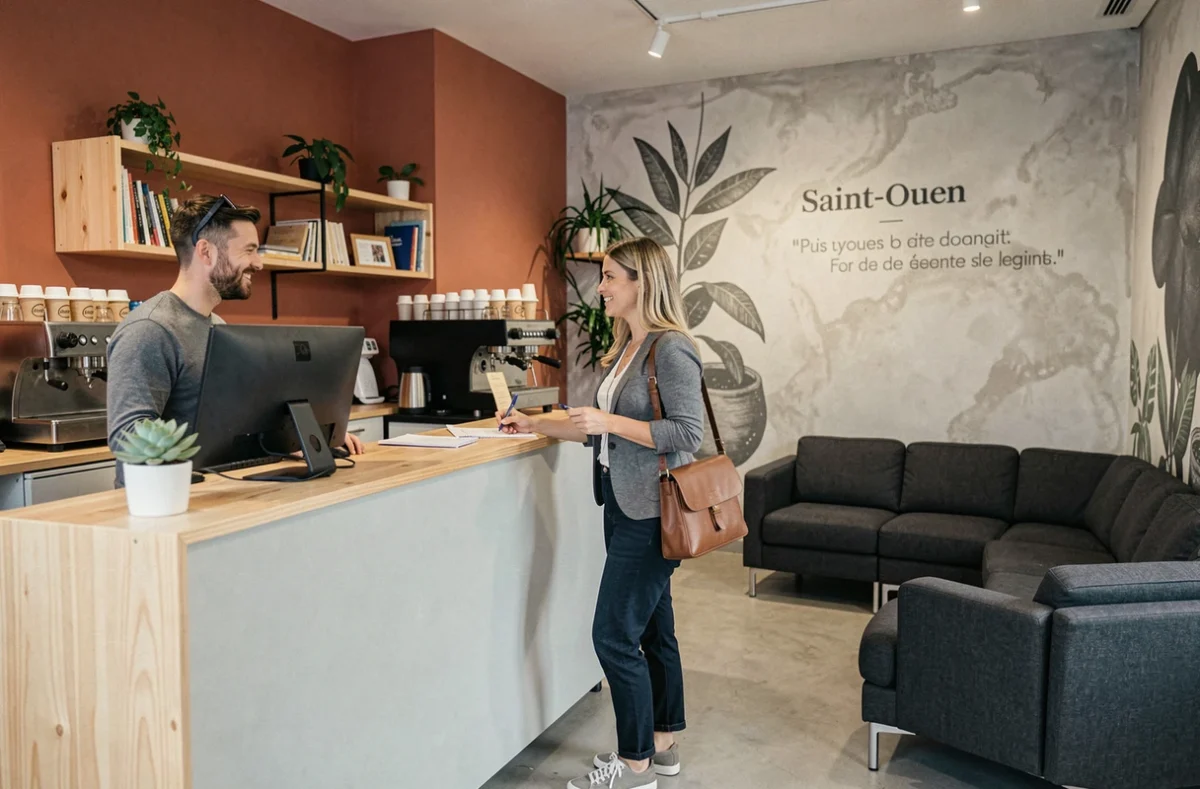 Accueil et espace lounge d'un coworking à Saint-Ouen avec gestionnaire et nouveau membre