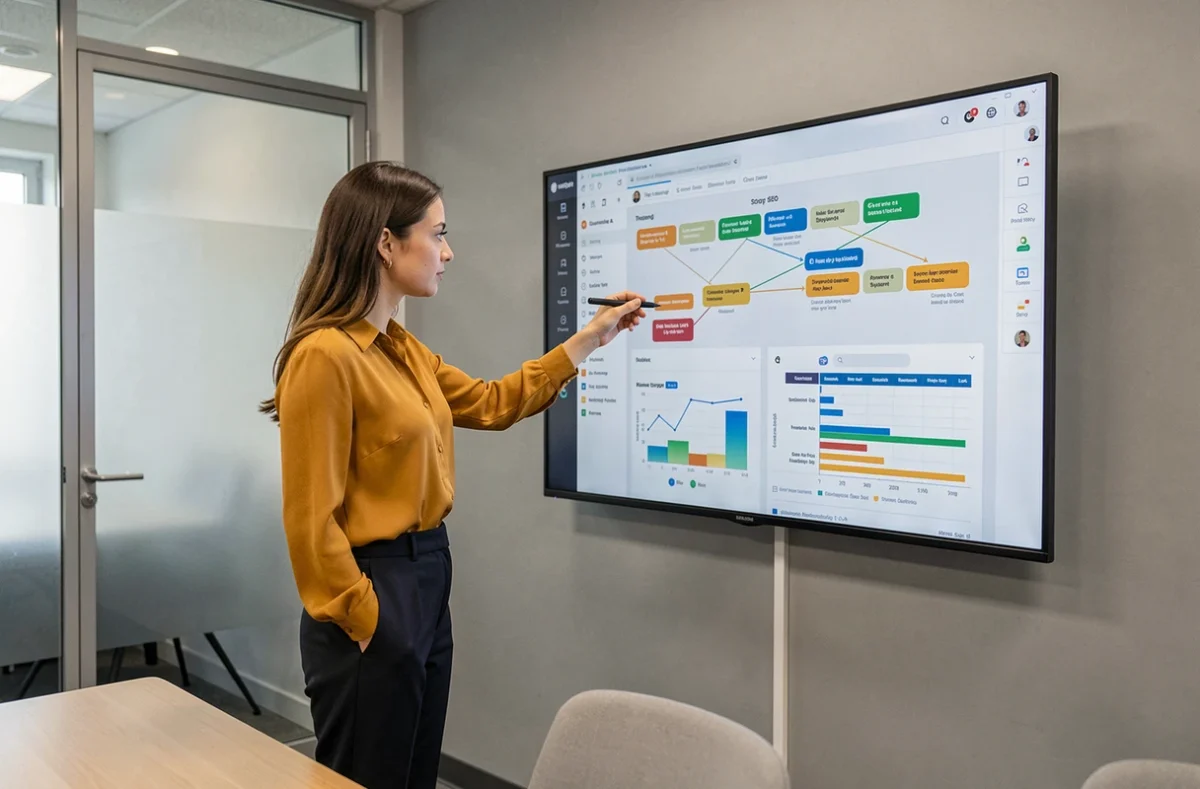 Stratège digitale d'Adelios présentant une feuille de route SEO et réseaux sociaux sur grand écran mural en salle de réunion