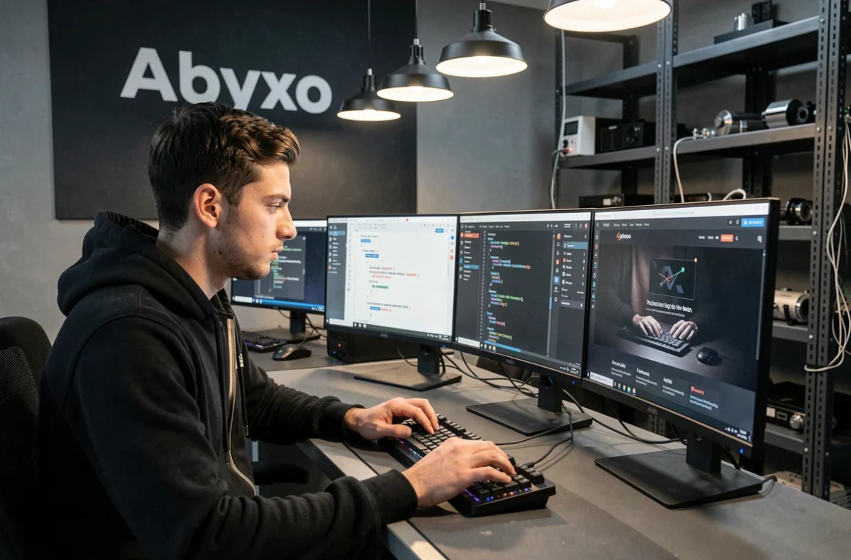 Développeur front-end de l'agence Abyxo travaillant sur une interface web dans un espace tech moderne à Marseille