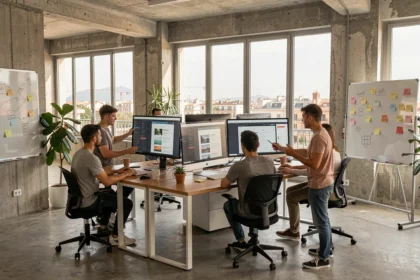 Vue d'ensemble d'une agence de création de sites internet à Marseille avec des professionnels travaillant sur des maquettes web