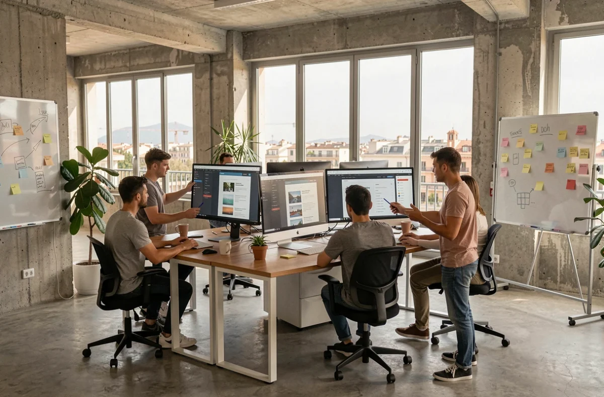 Vue d'ensemble d'une agence de création de sites internet à Marseille avec des professionnels travaillant sur des maquettes web