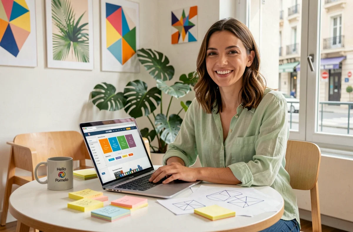 Designer UX de l'agence Hello Pomelo travaillant sur un prototype de site internet dans un bureau coloré à Marseille