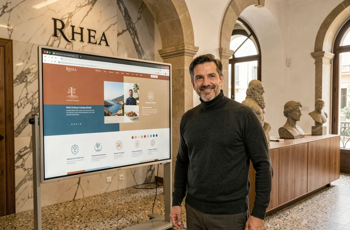 Directeur créatif de l'agence Rhea présentant un projet de site web aux couleurs méditerranéennes dans un studio haut de gamme à Marseille