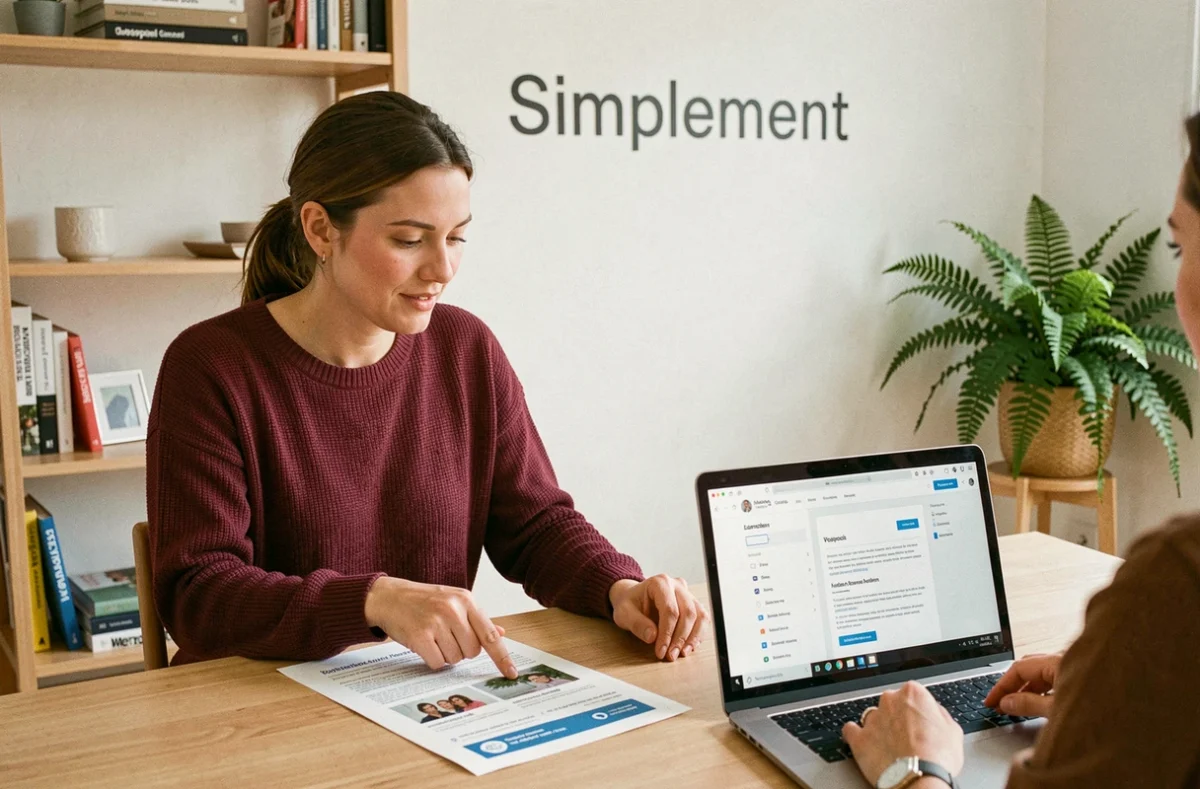 Consultante web de l'agence Simplement expliquant une stratégie de site internet à un client dans ses bureaux à Marseille
