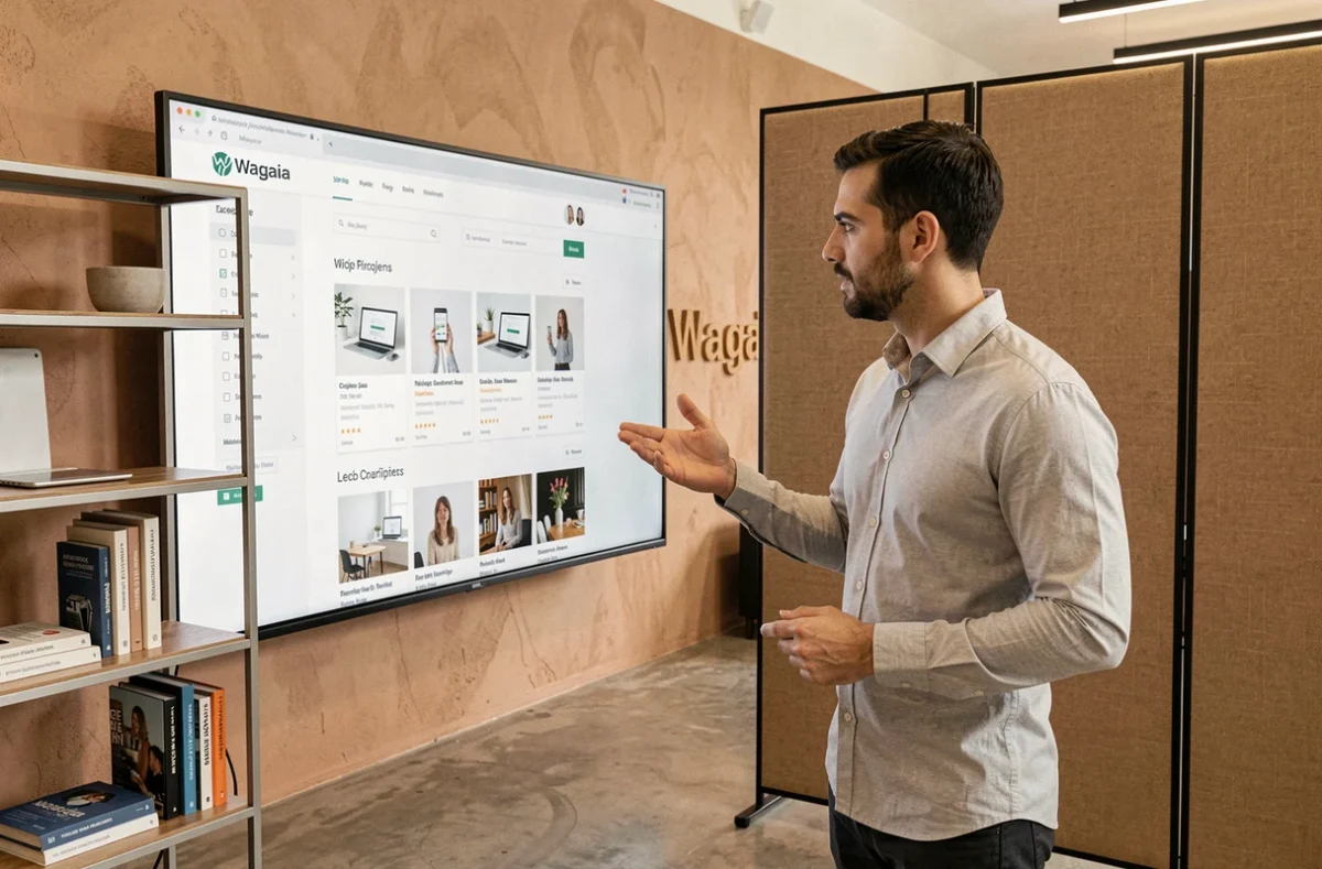 Chef de projet web de l'agence Wagaia présentant un site e-commerce sur grand écran dans ses bureaux marseillais