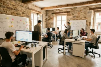 Vue d'ensemble d'une agence web moderne en Haute-Vienne avec des professionnels travaillant sur des sites internet