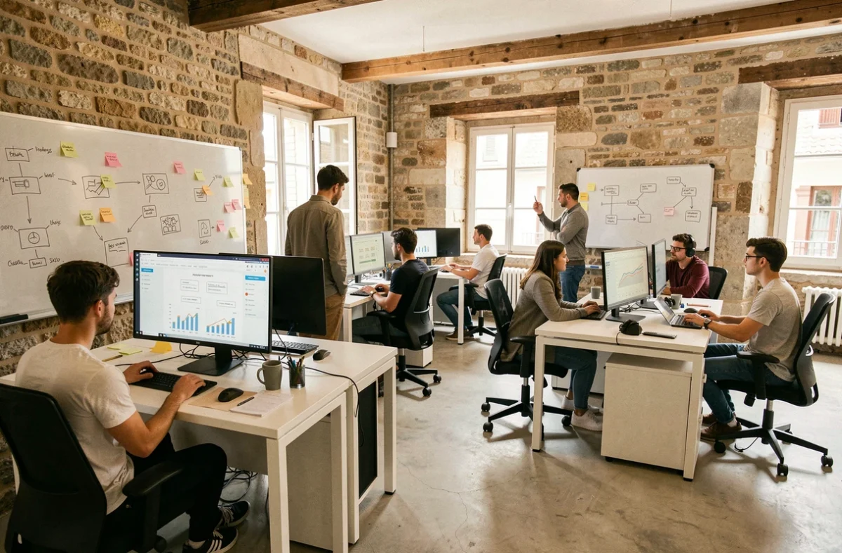 Vue d'ensemble d'une agence web moderne en Haute-Vienne avec des professionnels travaillant sur des sites internet