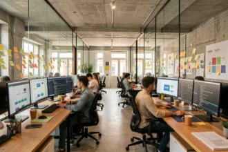 Vue d'ensemble d'une agence web moderne dans la Vienne avec des professionnels collaborant autour d'écrans affichant des interfaces web