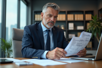 Agent commercial en costume bleu examinant factures au bureau