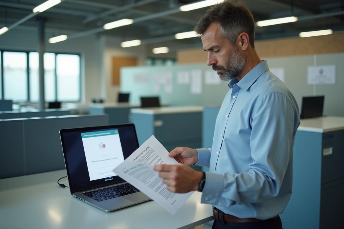 Agent administratif La Poste consultant un document et activant son accès GTm Extranet sur un ordinateur portable dans un bureau administratif