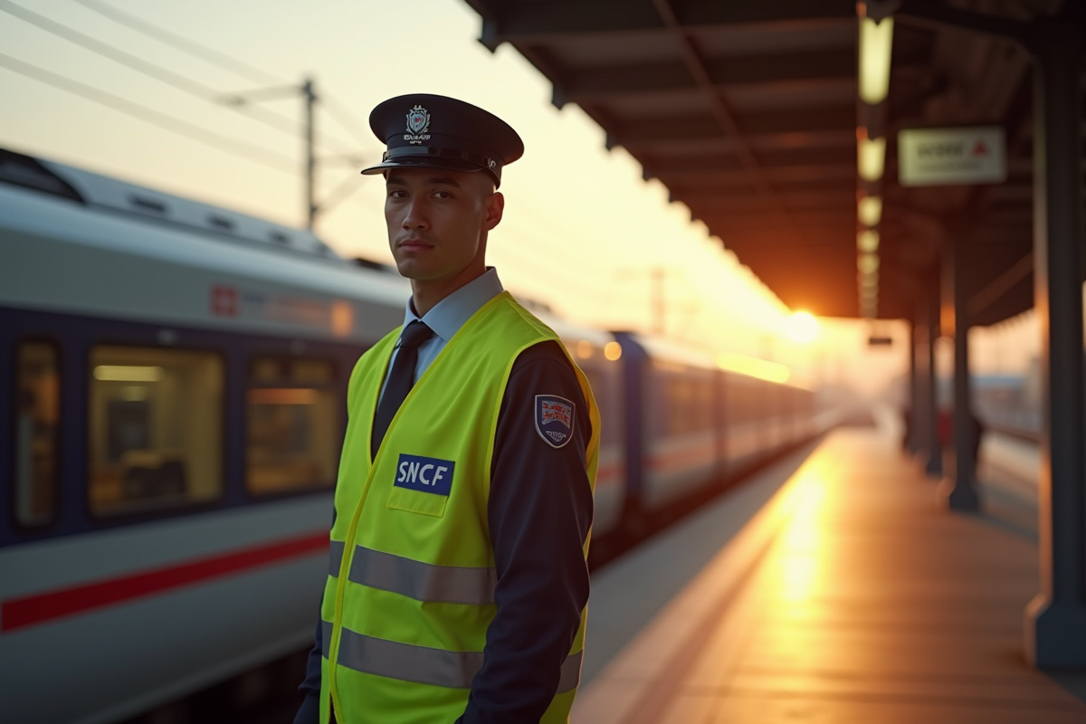 Agent SNCF sur une plateforme de train au lever du soleil