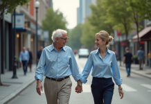 Femme aidant un vieil homme dans une rue urbaine