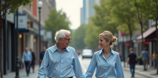 Femme aidant un vieil homme dans une rue urbaine