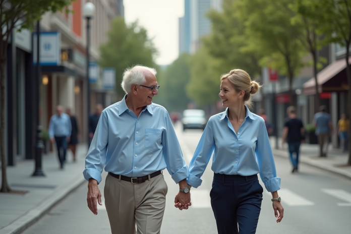 Femme aidant un vieil homme dans une rue urbaine