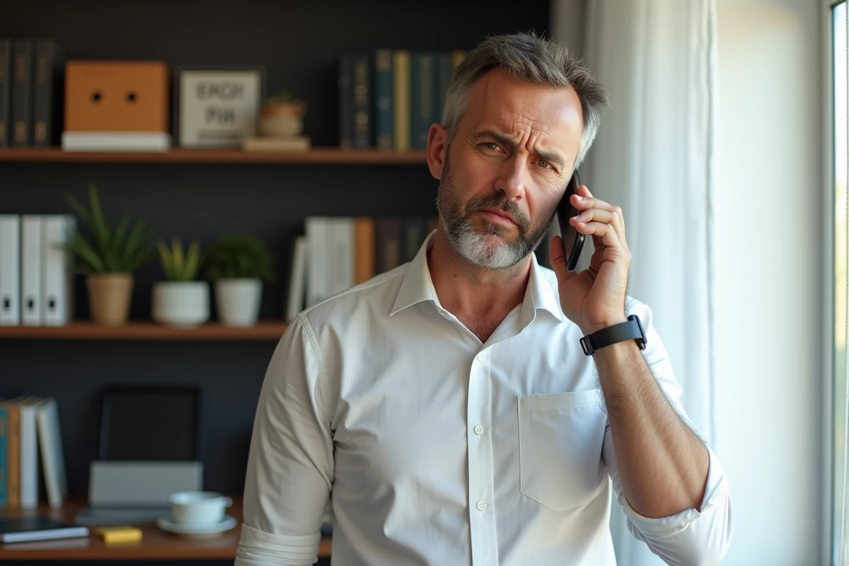 Homme en télétravail passant un appel téléphonique maladroit depuis son bureau à domicile, illustrant les erreurs lors d'une prise de contact commerciale