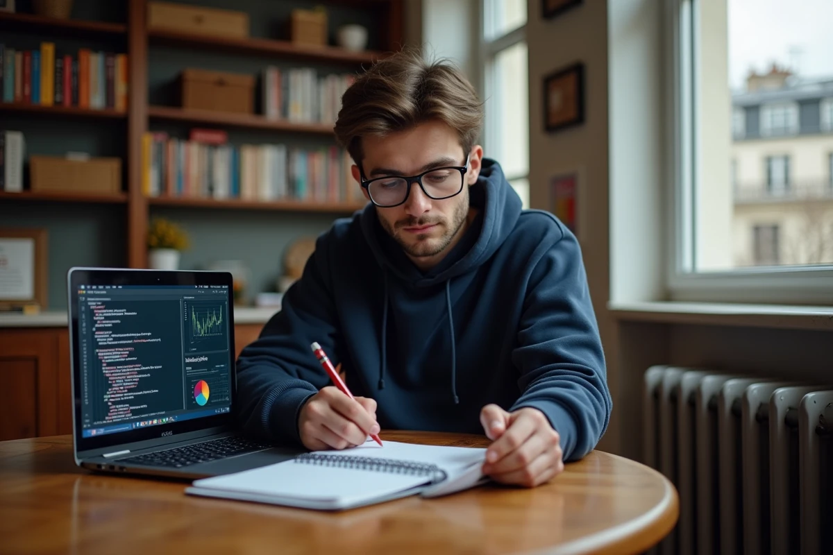 Homme apprenant la data science depuis chez lui à Paris avec un ordinateur portable et des notes manuscrites