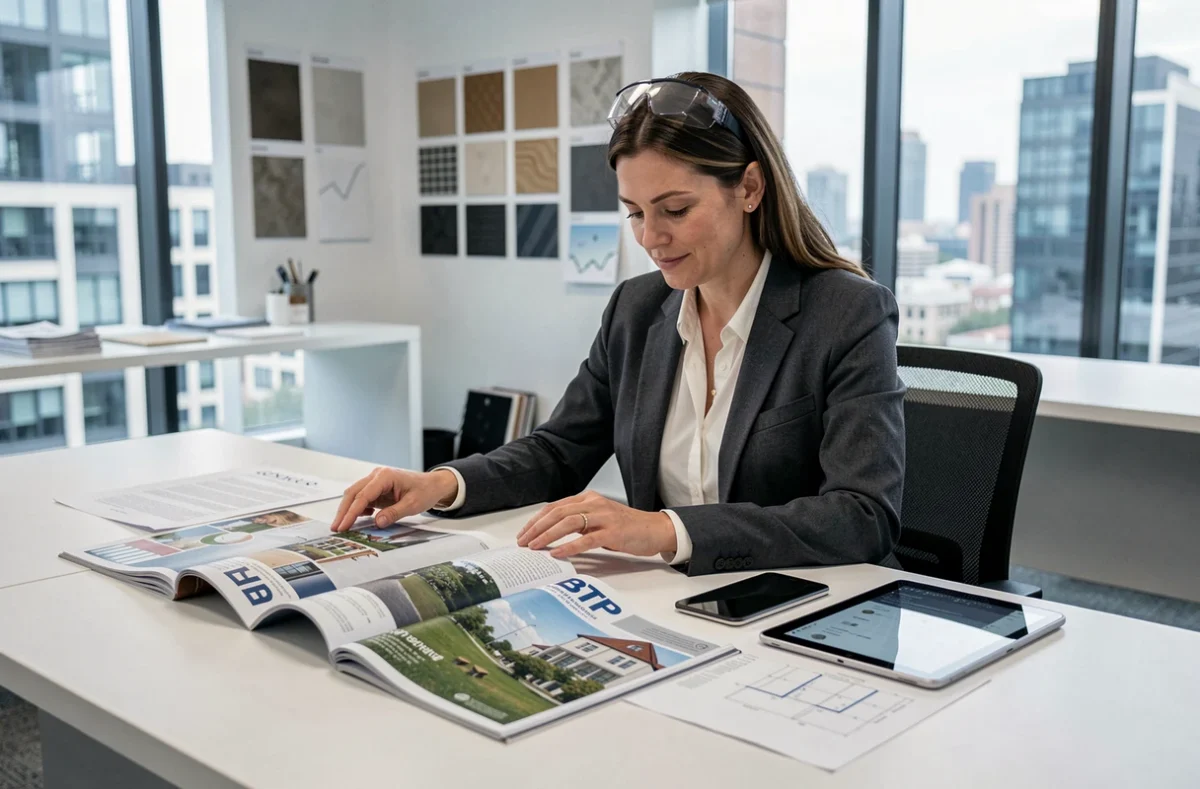 Architecte professionnelle consultant des magazines BTP dans un bureau contemporain
