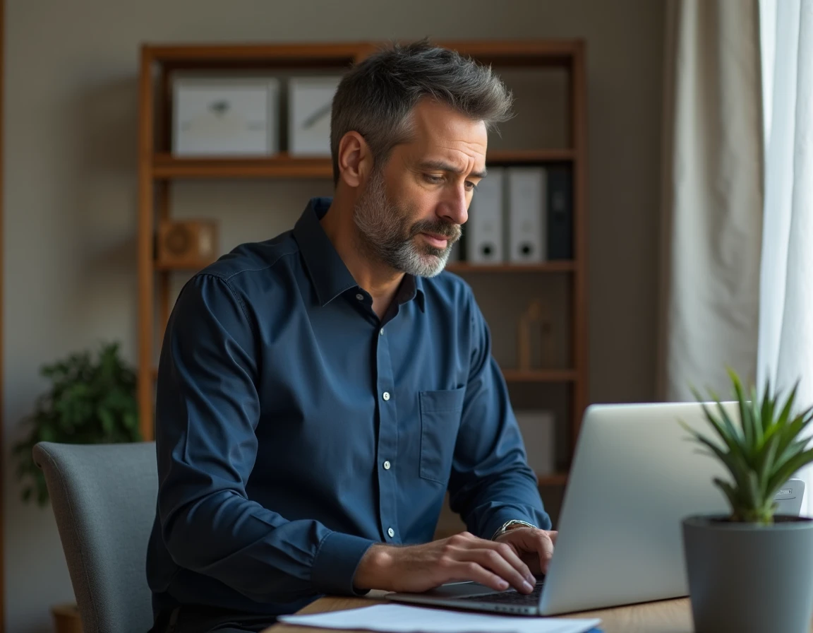 Homme archivant des documents RH en télétravail sur une plateforme de gestion documentaire en ligne
