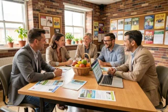 Membres d'une association réunis autour d'une table pour organiser une vente solidaire avec des paniers de fruits et un tableau de bord de financement participatif