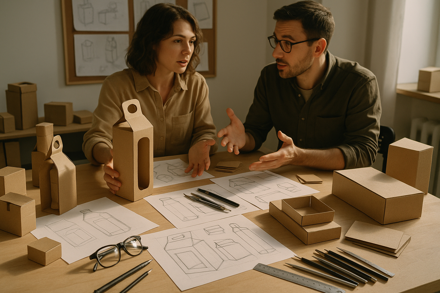 Espace de design avec maquettes en carton et outils créatifs