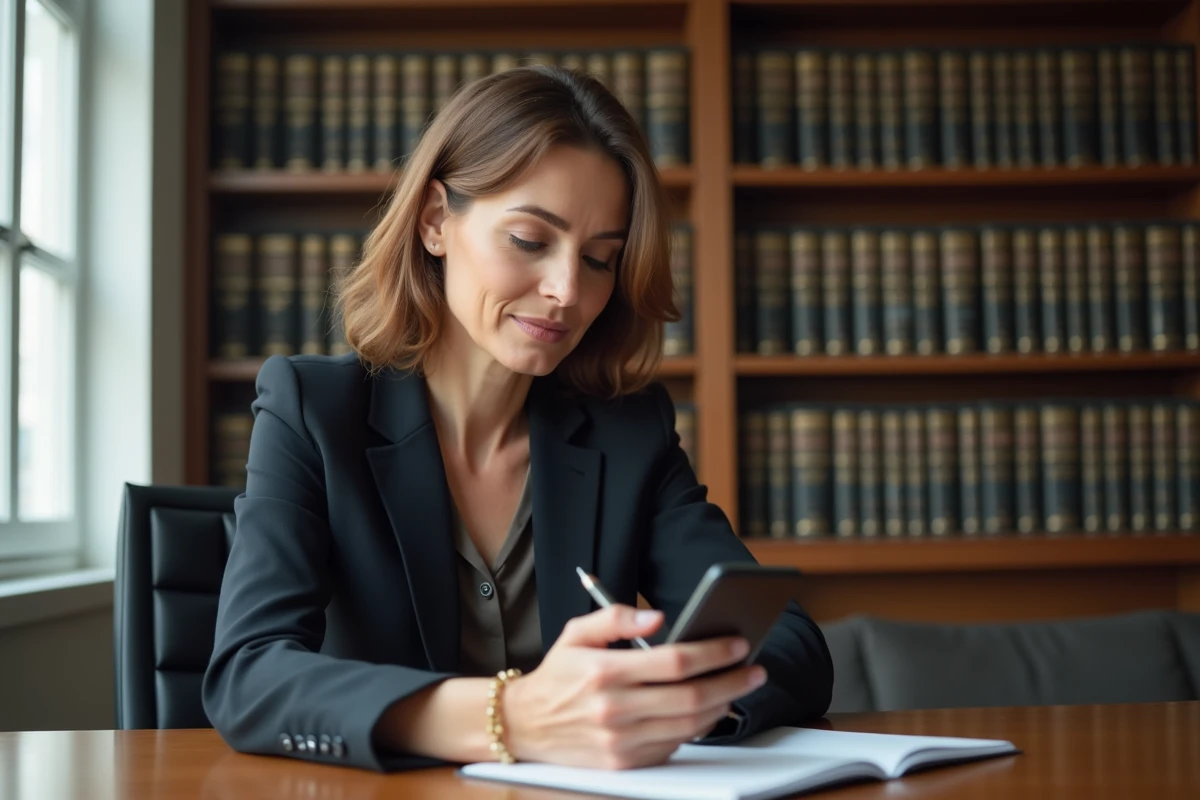Femme avocate en bureau moderne avec smartphone