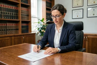 Avocate spécialisée en droit du travail révisant un contrat de travail dans un cabinet juridique professionnel
