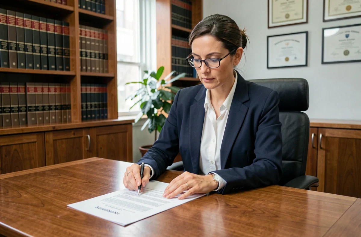 Avocate spécialisée en droit du travail révisant un contrat de travail dans un cabinet juridique professionnel