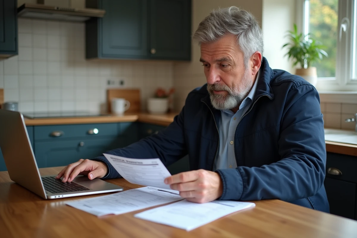 Homme consultant ses droits en ligne avec un avoir de magasin H&M sur une table à domicile