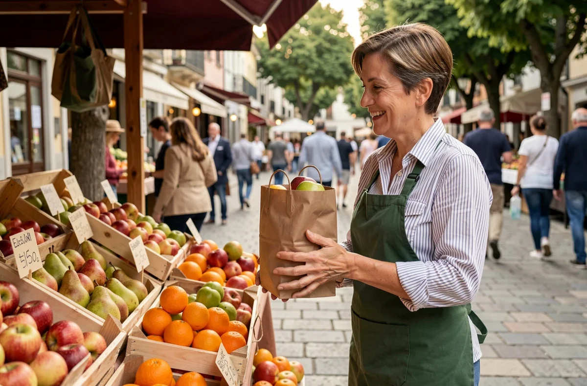 Bénévole d'une association distribuant des fruits lors d'une vente solidaire sur un marché de ville pour financer un projet associatif