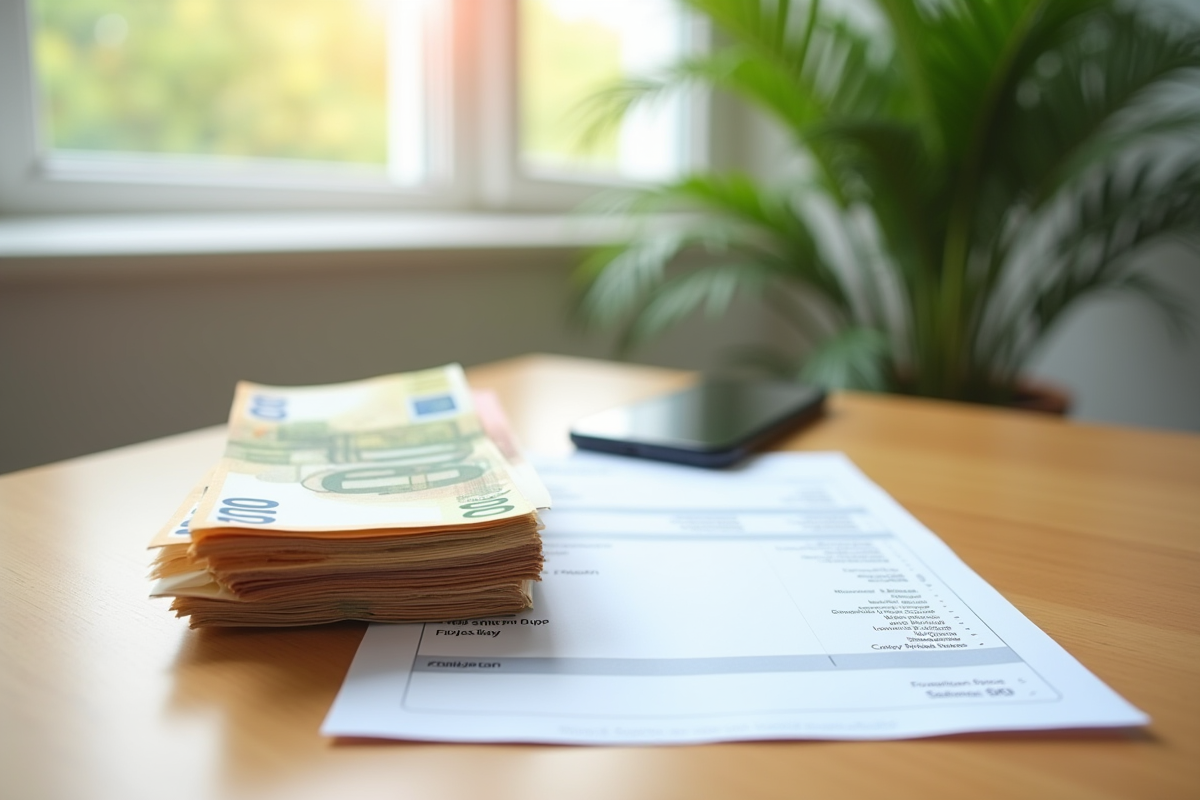 Billets d euros et calculatrice sur une table lumineuse
