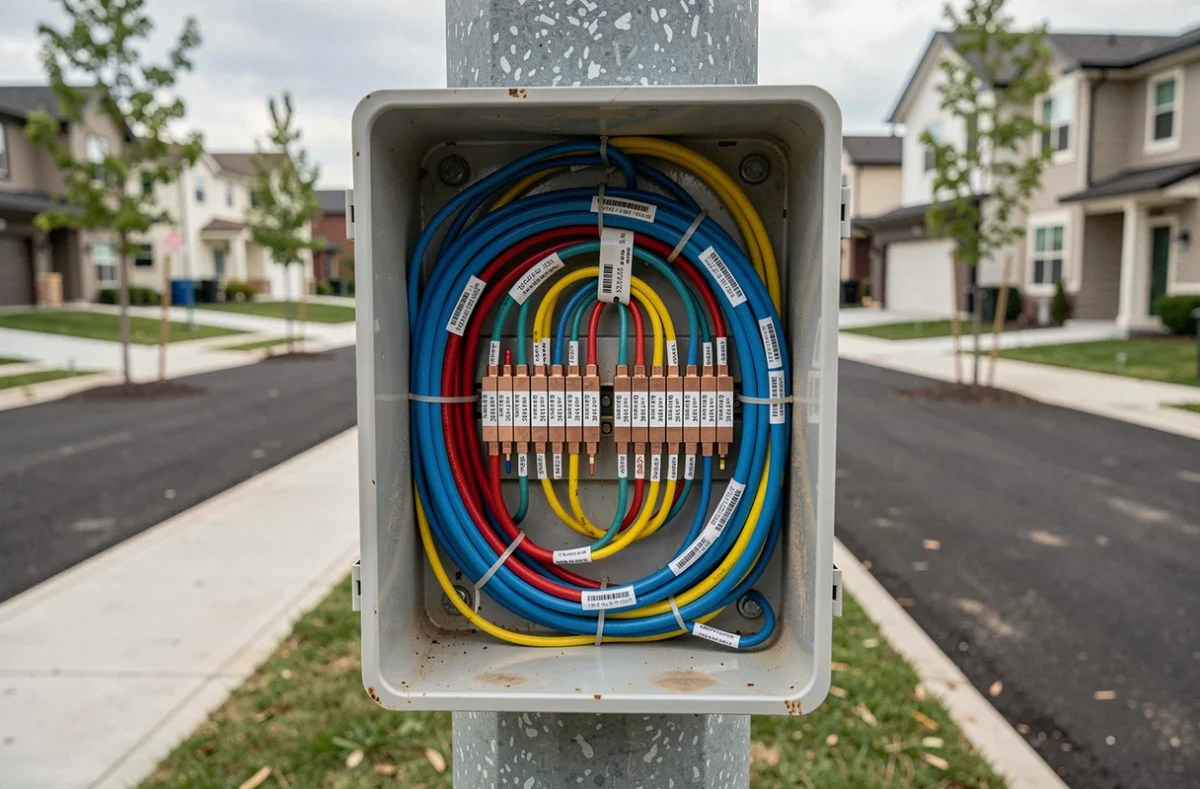 Boîtier de distribution télécom ouvert sur un poteau de rue dans un nouveau lotissement pour le raccordement des maisons neuves
