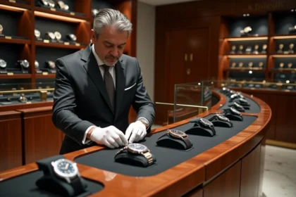 Conseiller de vente dans une boutique de montres de luxe suisse ajustant des montres mécaniques haut de gamme sur un comptoir en acajou, évoquant le positionnement premium du groupe Richemont