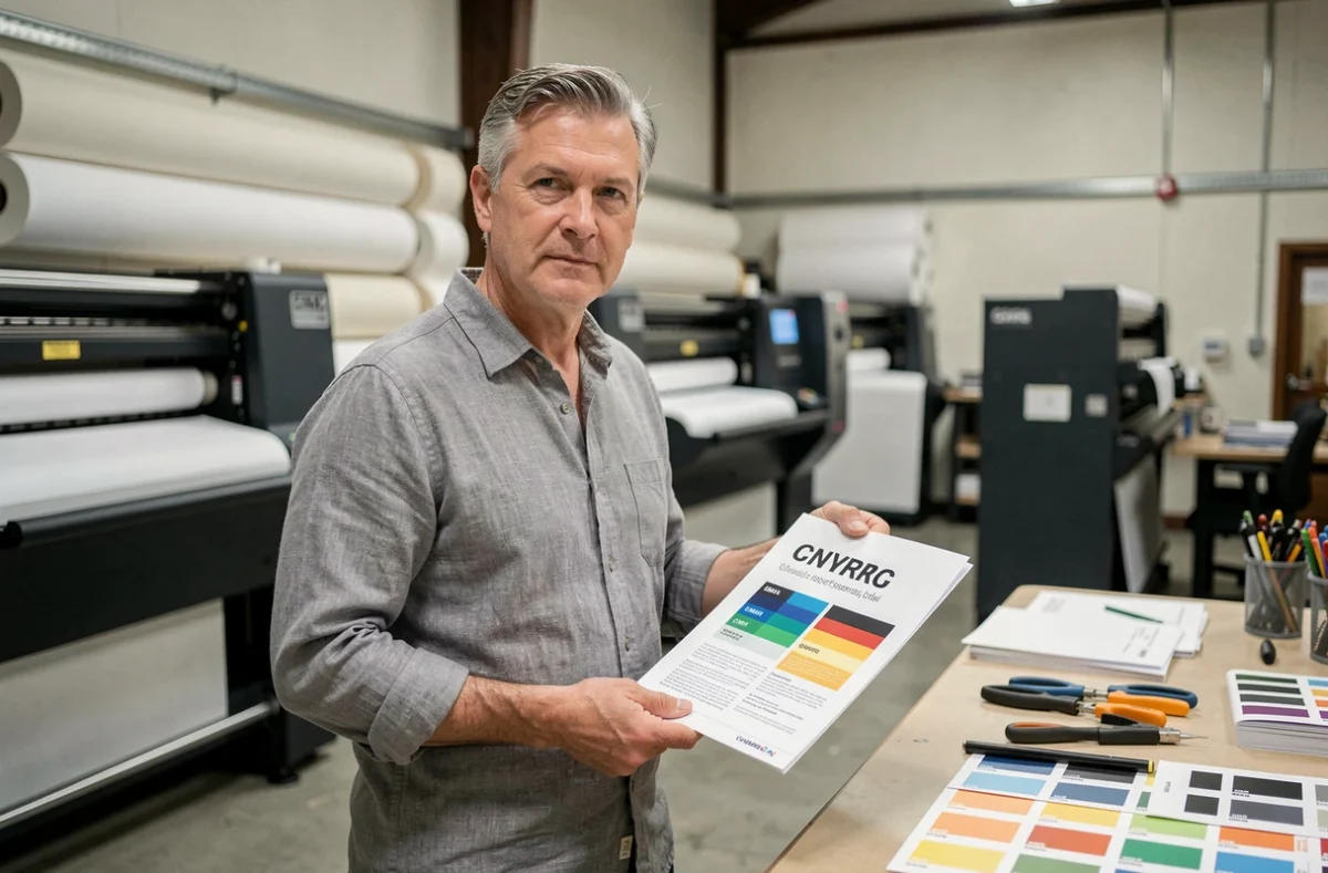 Professionnel tenant une brochure imprimée en couleur CMJN dans un atelier d'impression avec équipements professionnels en arrière-plan