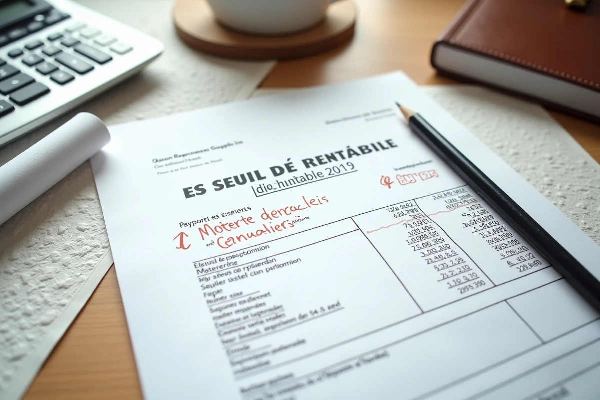 Vue aérienne d'un bureau de cabinet comptable avec rapport de seuil de rentabilité annoté et calculatrice