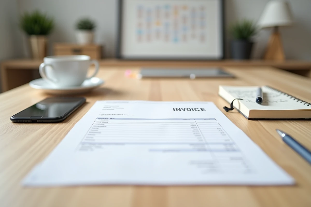Bureau de freelance avec facture imprimée, stylo et smartphone illustrant la gestion des paiements professionnels