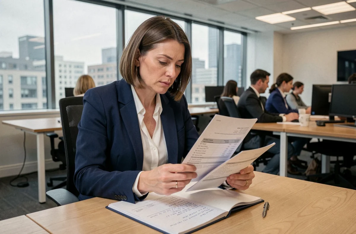 Femme cadre en entreprise consultant ses fiches de paie et calculant ses heures mensuelles au bureau