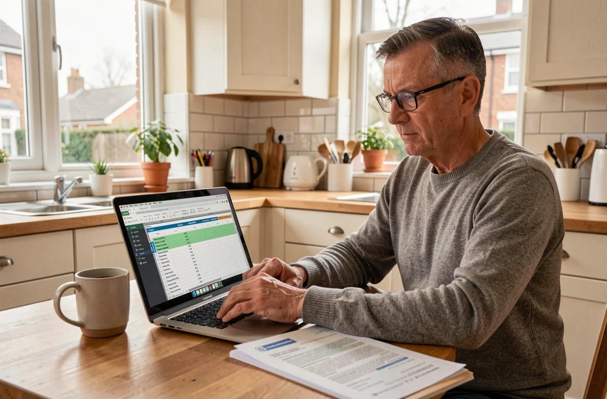 Homme à domicile calculant ses RTT et son salaire mensuel sur ordinateur avec contrat de travail imprimé