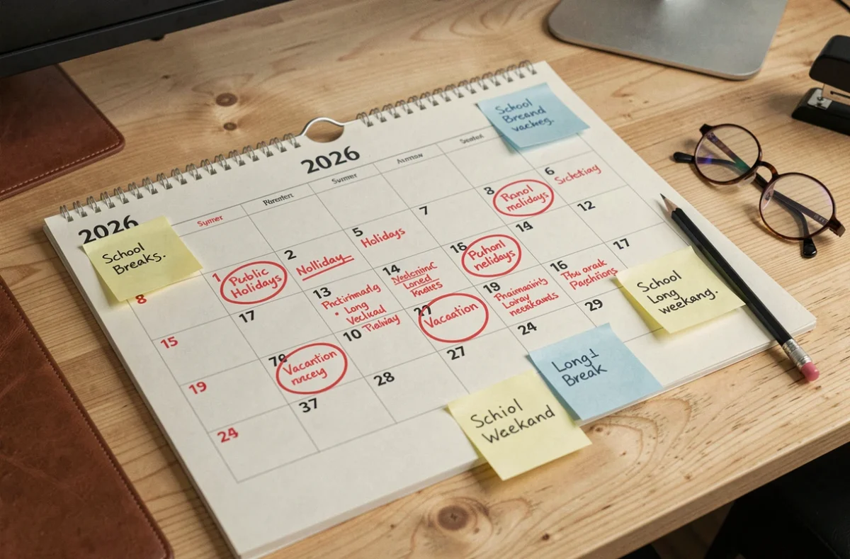 Calendrier papier 2026 annoté avec jours fériés et congés posés sur un bureau en bois