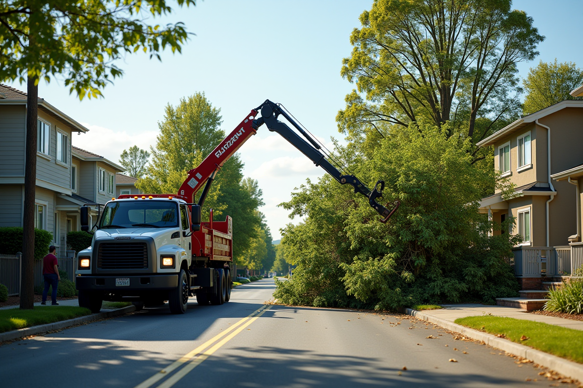 Camion avec bras de levage déplaçant un arbre tombé dans le quartier