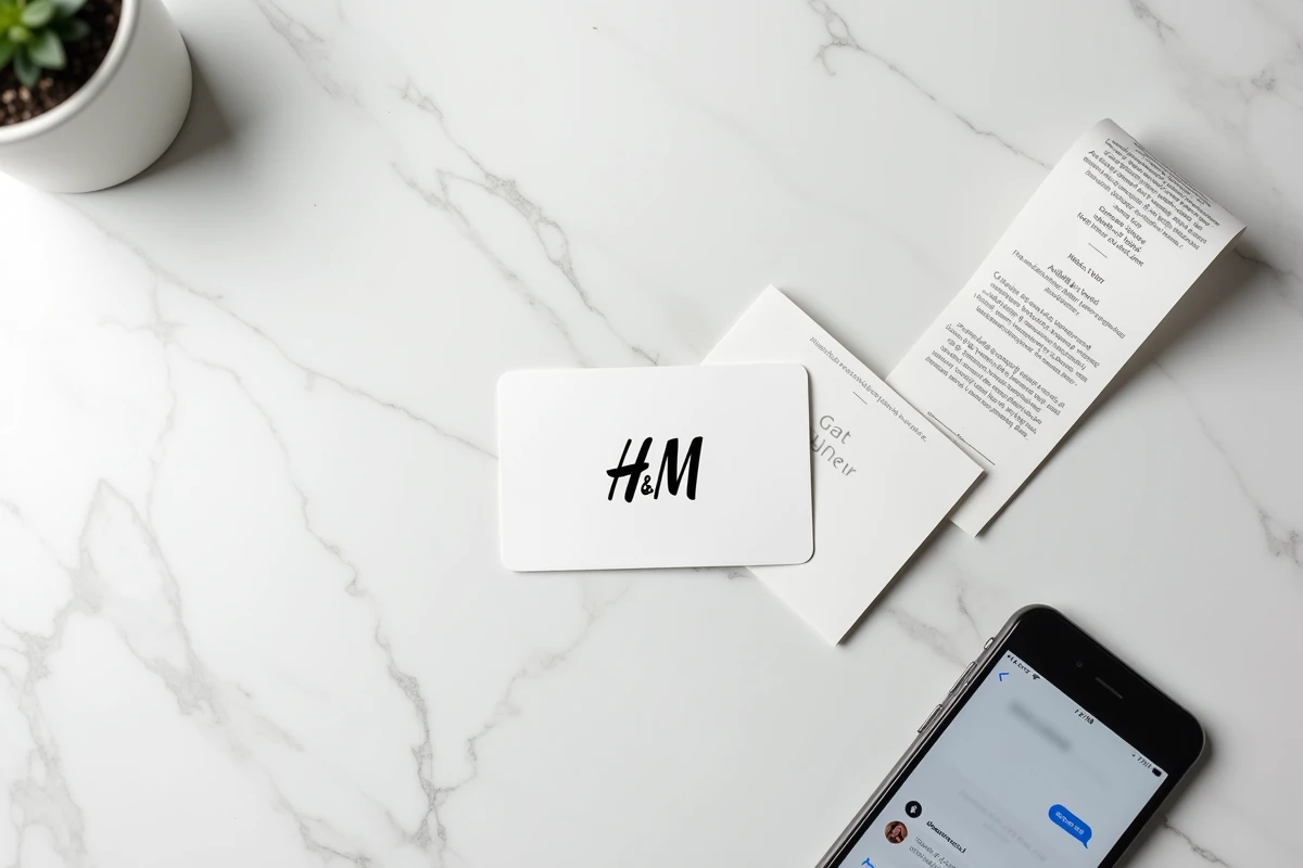 Carte cadeau, avoir et reçu de magasin H&M disposés sur un fond en marbre blanc