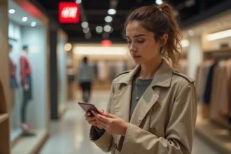 Femme tenant une carte cadeau H&M dans un magasin en cours de fermeture avec des rayons vides