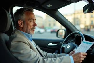Homme chauffeur de taxi parisien dans sa voiture moderne