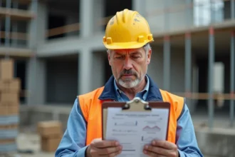 Chef de chantier BTP analysant les coûts et la rentabilité d'un chantier de construction avec un tableau de bord de gestion