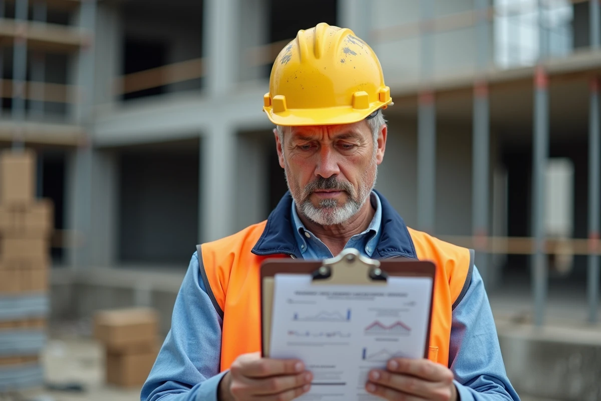 Chef de chantier BTP analysant les coûts et la rentabilité d'un chantier de construction avec un tableau de bord de gestion