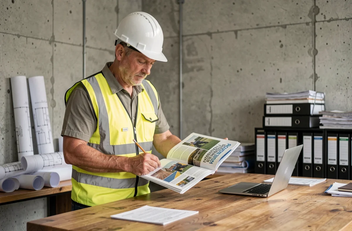 Chef de chantier BTP lisant un magazine professionnel dans un bureau de chantier moderne