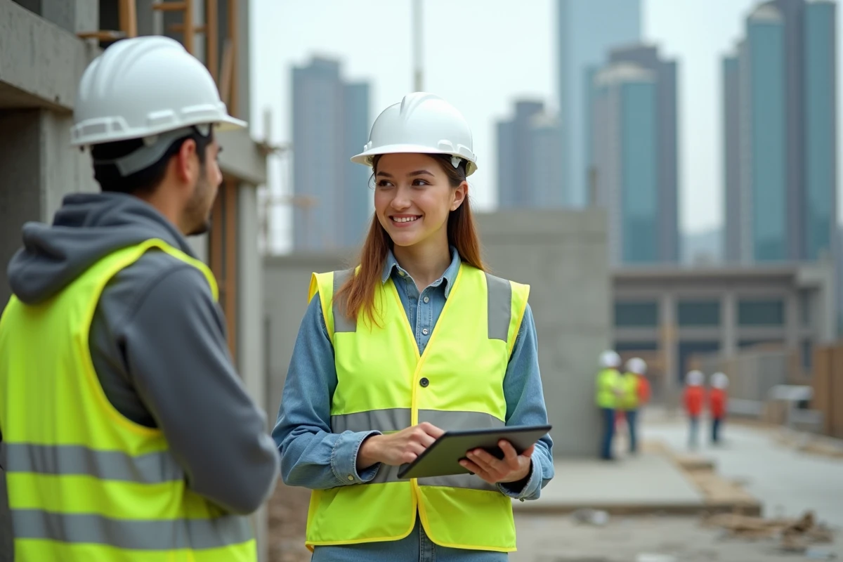 Jeune femme gestionnaire de chantier avec casque et tablette