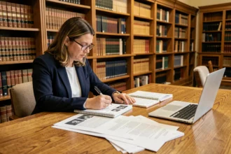 Chercheuse universitaire consultant des archives historiques dans une bibliothèque académique traditionnelle