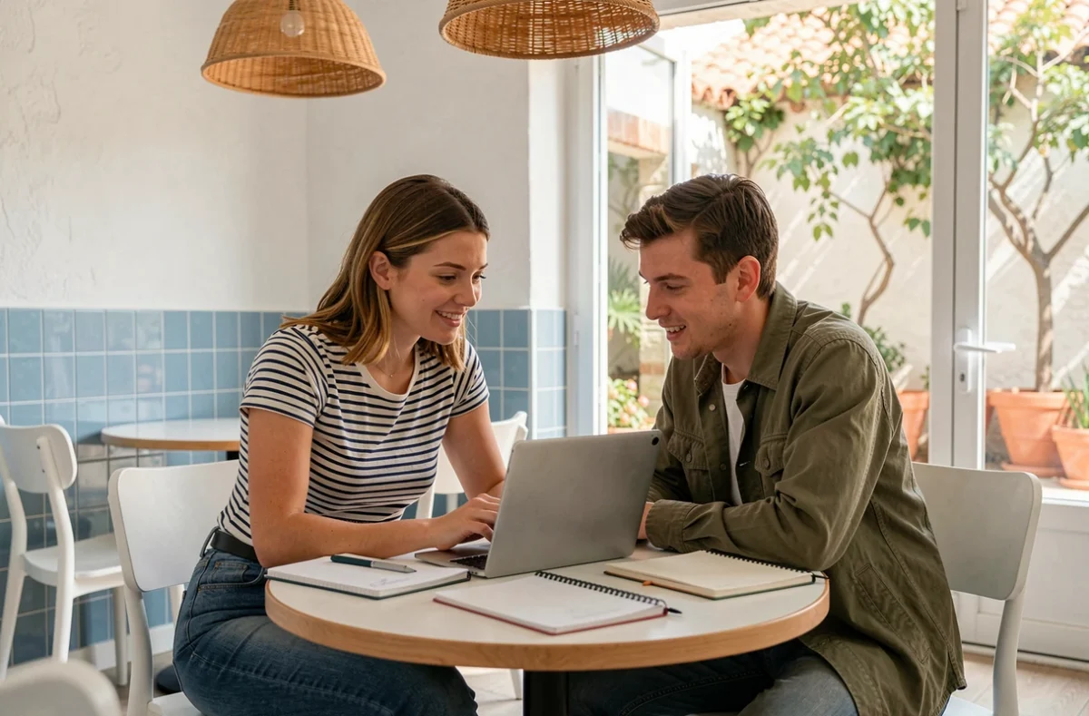 Deux professionnels collaborant dans un espace de coworking à Biarritz avec ambiance côtière basque