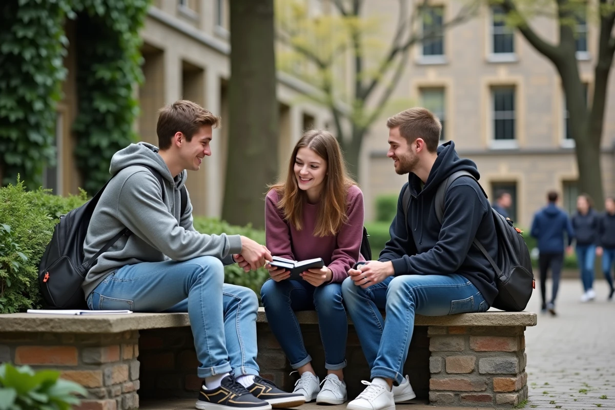 Trois jeunes adultes collaborant autour d'un banc dans une cour d'université, représentant l'échange d'idées au sein d'un groupe d'étudiants